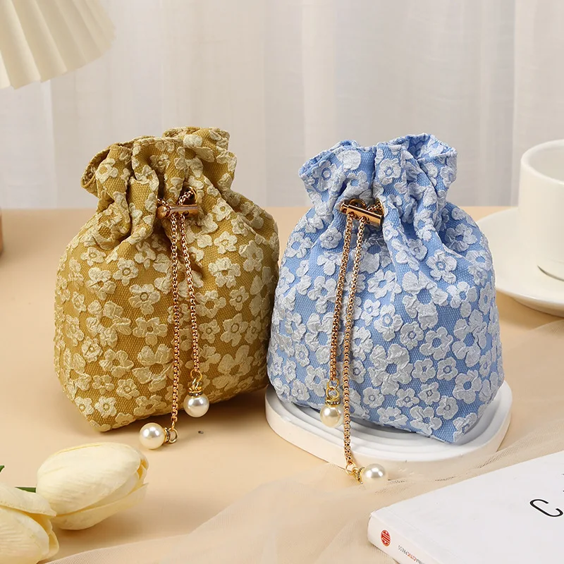 Creative Jewelry Storage Bag Pearl Chain Drawstring Vintage Jacquard Christmas Wedding Candy Organizer Party Gift Small Packing