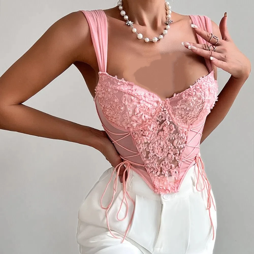 مرونة جوفاء الدانتيل زهرة بروتيل شفاف التطريز المحاصيل القمم الشارع الشهير الدبابات الحمالة سترة السفر