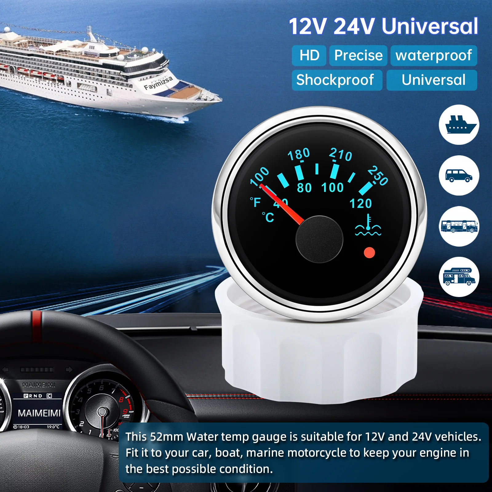 40~120 ℃ ,100~250 ℉   Medidor de temperatura del agua LED de 7 colores 52 mm Medidor de temperatura del agua con alarma intermitente para motor de barco de automóvil 12 V 24 V