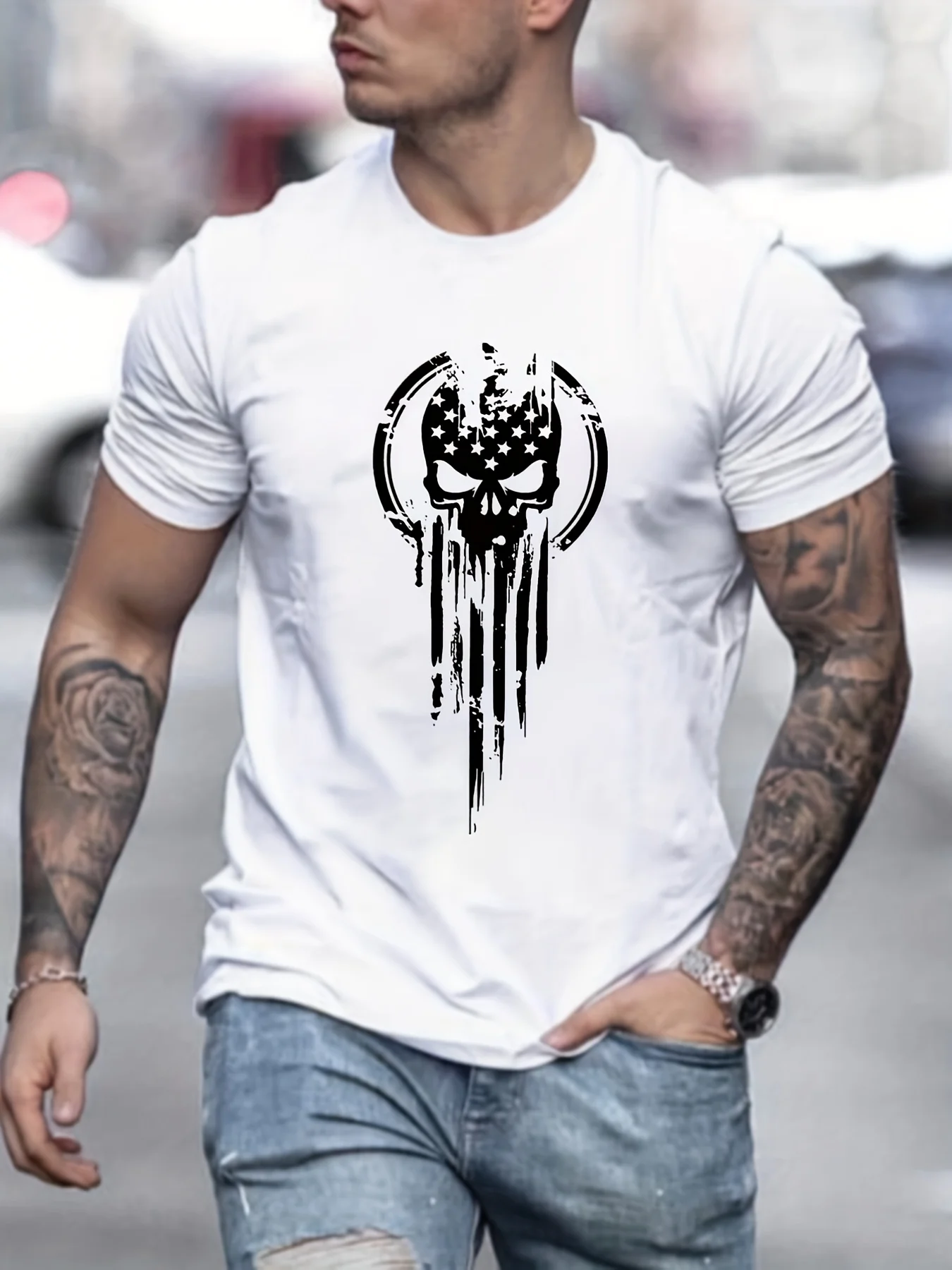 Men\'s Summer Loose Size 100% Cotton Skull Print Casual Slim Fit Round Neck Short Sleeve T-shirt Top O-neck Pactwork Casual T