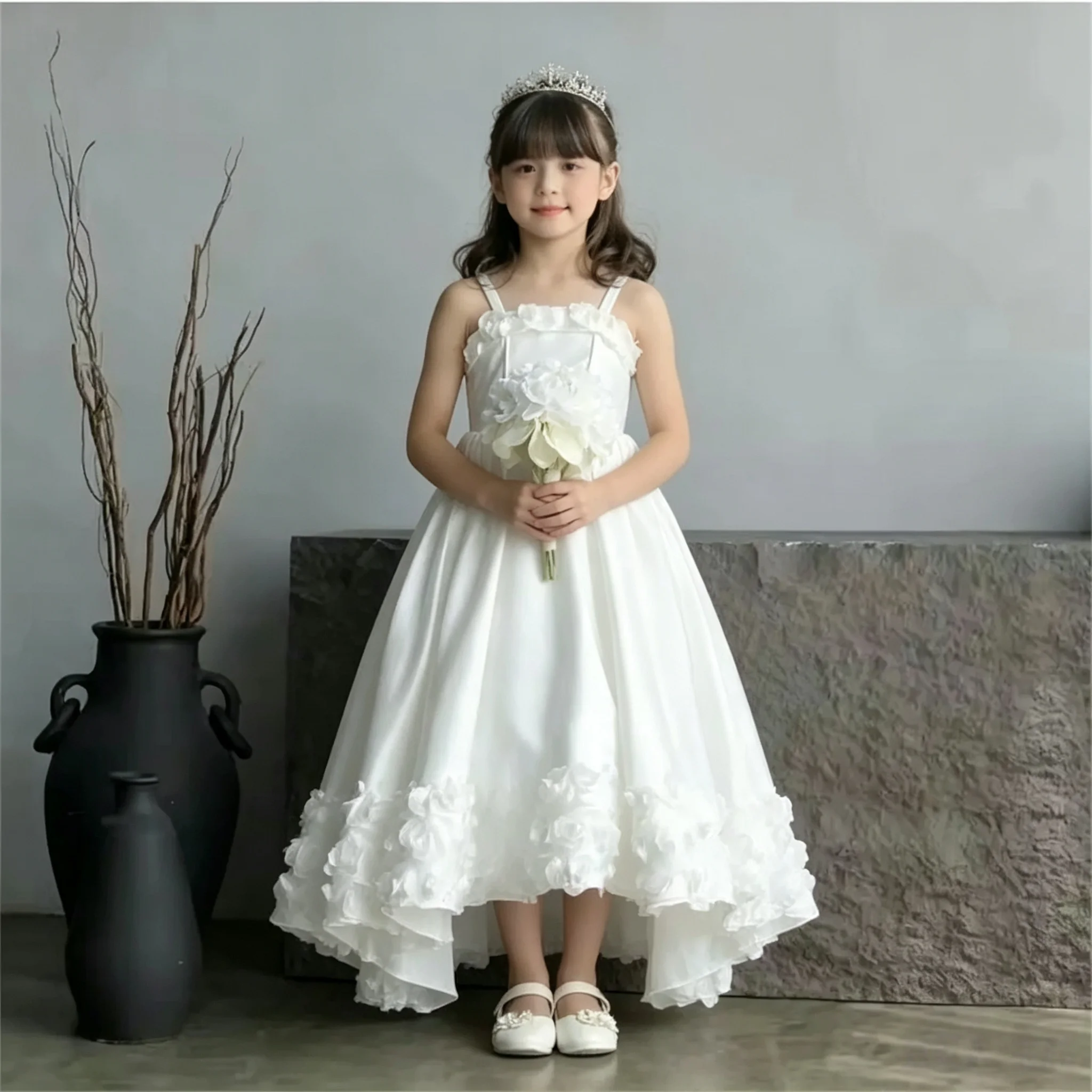 Children's High-low First Communion Dress Multi-layer 3D Rose Skirt Flower Girl Dress Girl Wedding Flower Girl Bridesmaid Dress