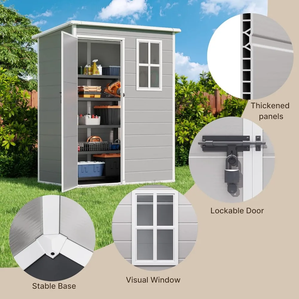 5x3 Foot Resin Outdoor Storage Shed with Flooring, Waterproof Lockable Storage Shed, Windows, Outdoor Tool Storage Shed, Gray