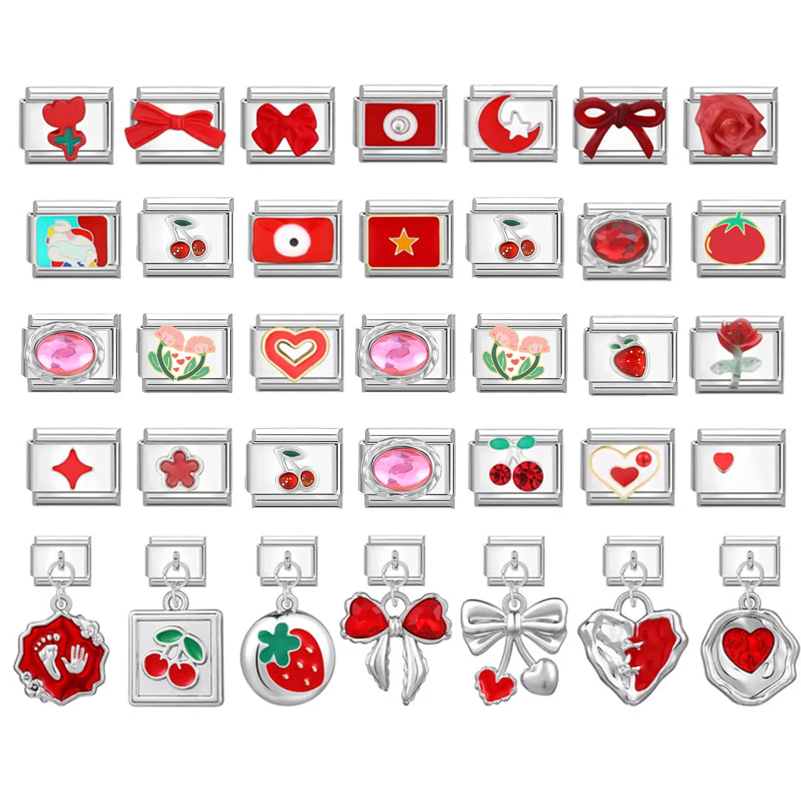 Red Zircon Bow Knot Cherry Heart Flower Butterfly Eyes Italian Charm Link Fit 9mm Stainless Steel Bracelet Women DIY Making Gift