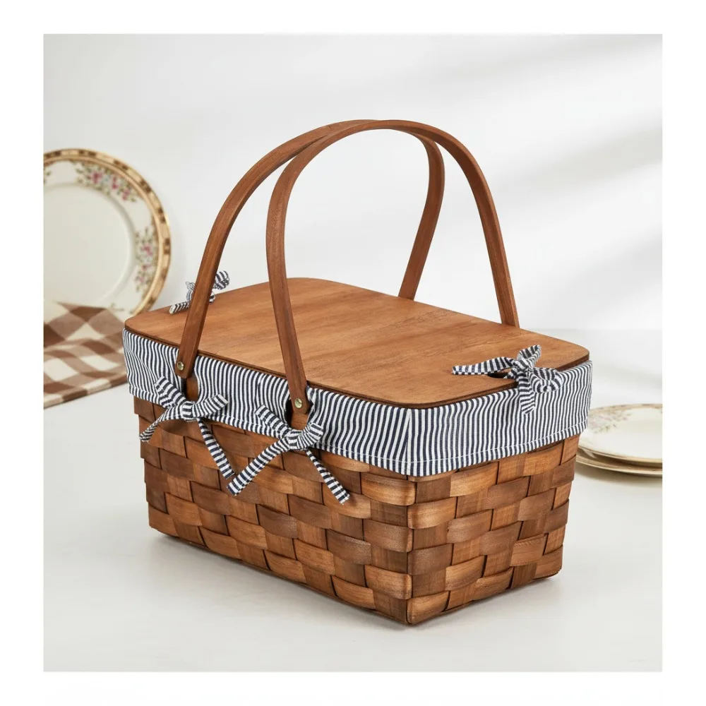 

Vintage Handwoven Wood Picnic Basket with Removable Liner - Spacious Portable Outdoor Dining for Couples & Groups