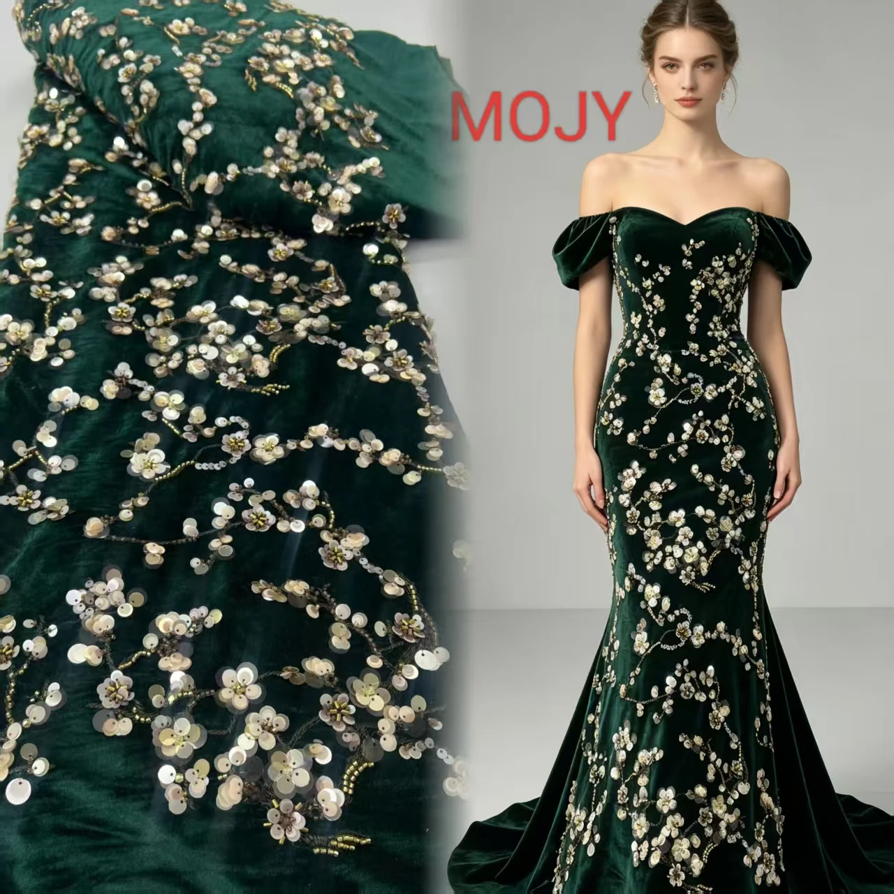 Emerald Green Velvet Evening Dress Fabric Gold Shell Sequin Plum Blossom Embroidery Lace Material Luxury Party Gown Cloth For We