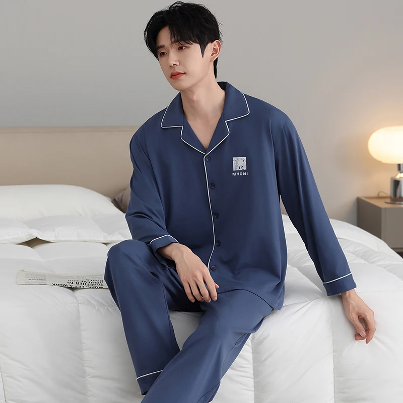 Plus Size L-5XL Spring and Autumn Men Modal Pajamas Set Loose Turn-down Collar Home Wear