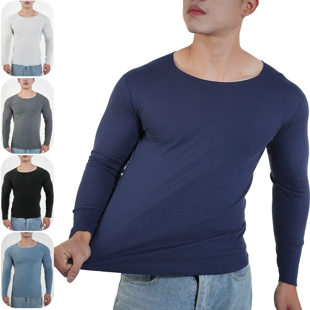 Men's Basic Tee Man Long Sleeve T-shirt High-Elastic Crew Neck Tshirt Solid Bottoming Warm Top Clothing Mens Slim Fit Undershirt