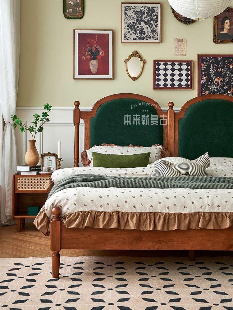 

French antique pure solid wood bed American retro master bedroom double bed modern simple bedroom home