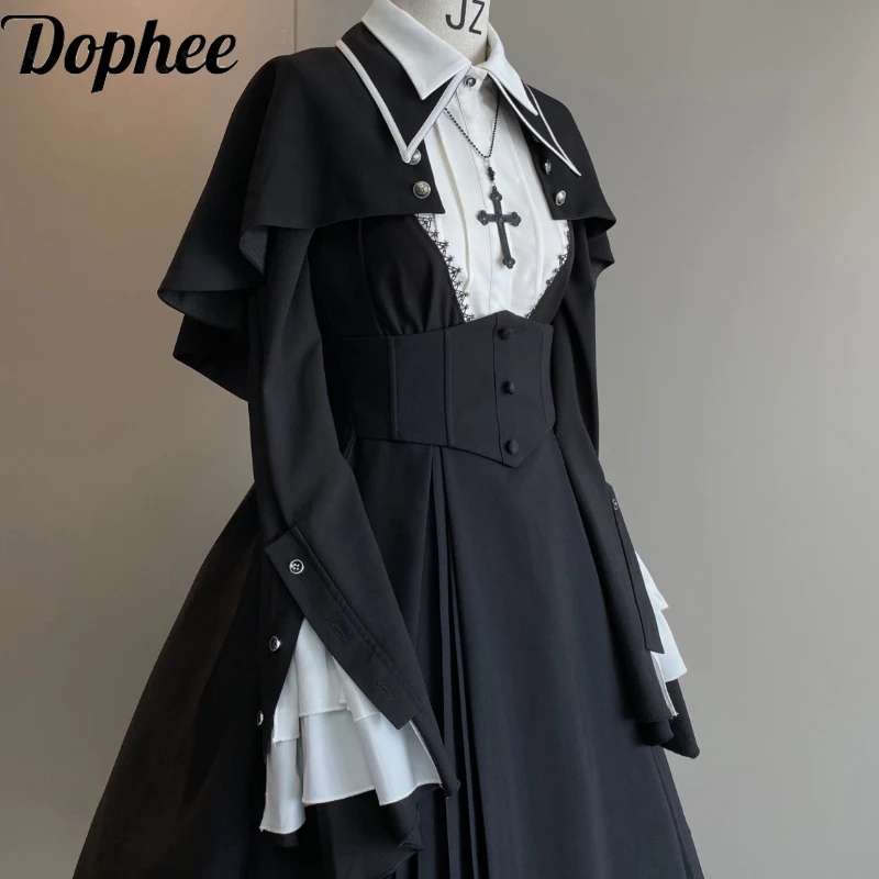 

Dophee Dark Nun Styles Three-piece Set Turn-down Collar Flare Long Sleeve Shirt Top+Elegant Shawl+Strap Waist Long Skirt Lolita