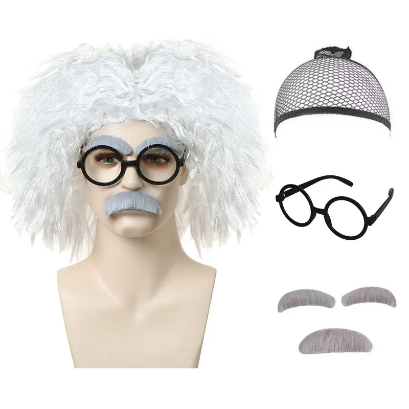 Man Adult Stage Cosplay Einstein Perform Suit Bar Clothing Match Fluffy Afro Hairpiece Glasses and Beard Party Man Scientist Wig