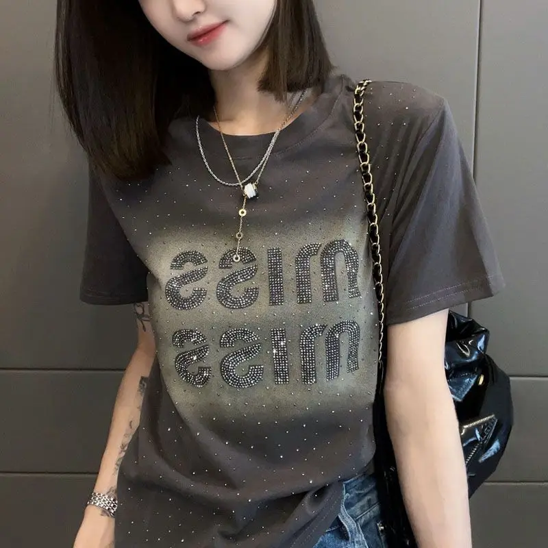 Casual Printing Letter Loose Tops Summer New Short Sleeve O-neck Slim All-match Office T Shirts Vintage Fashion Women Clothing