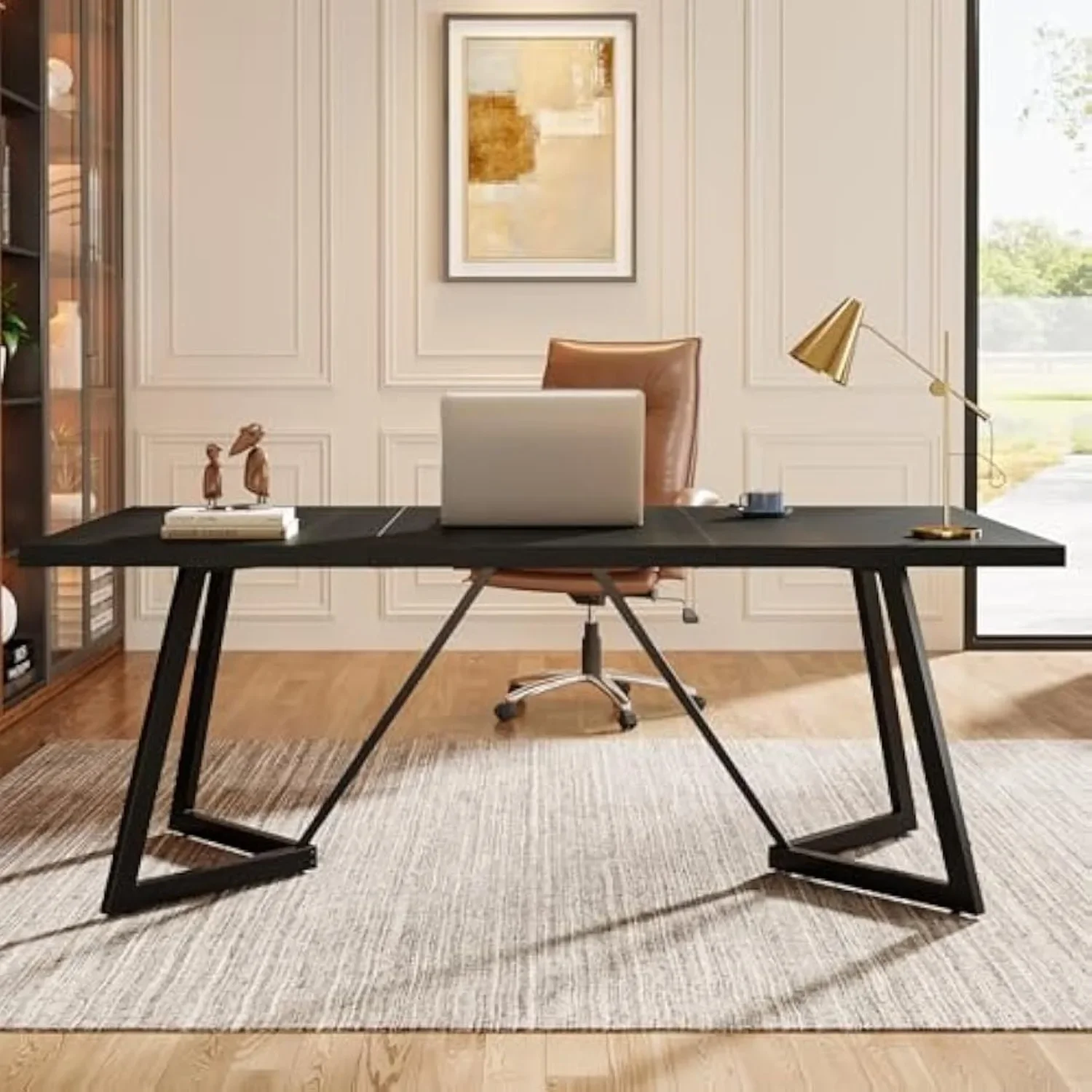 

70.86-Inch Large Computer Desk, Modern Executive Desk Black Office Desk Workstation with Metal Frame for Home Office