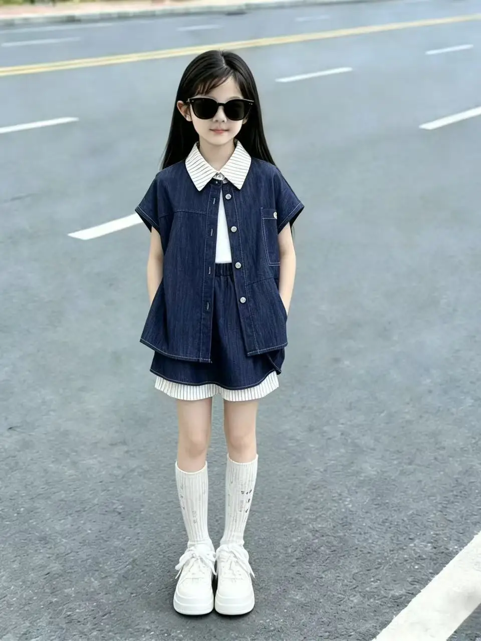 girls-summer-denim-set-fashionable-korean-style-shirt-top-and-half-skirt-outfit-casual-two-piece-suit-for-kids