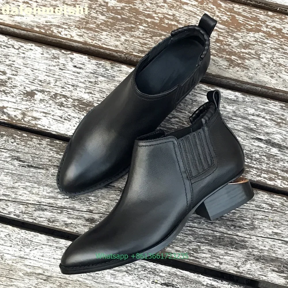 Women Metal Sheet Break Heel Chelsea Boots Autumn Winter Stretch Fabric Mid-Heel Ankle Boots Pointed Toe Slip On Novley Shoes