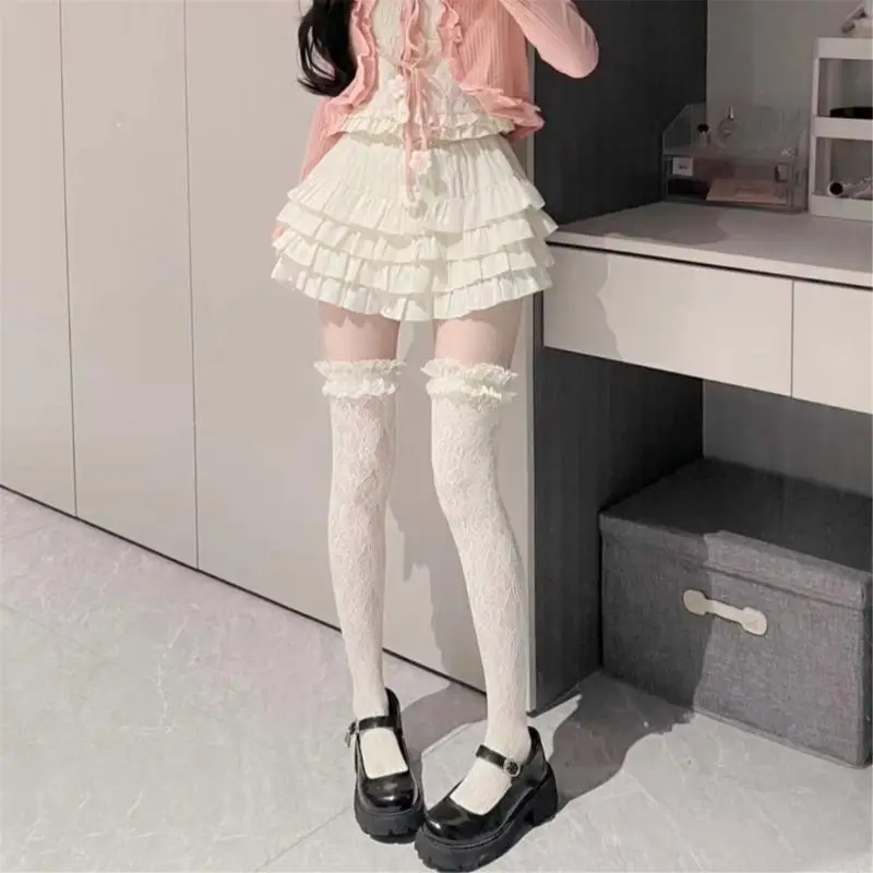 

L5YC Womens Japanese Sheer Flower Lace Thigh Highs Stockings JK Sweet Ruffle Trim Frilly Over Knee Long Socks