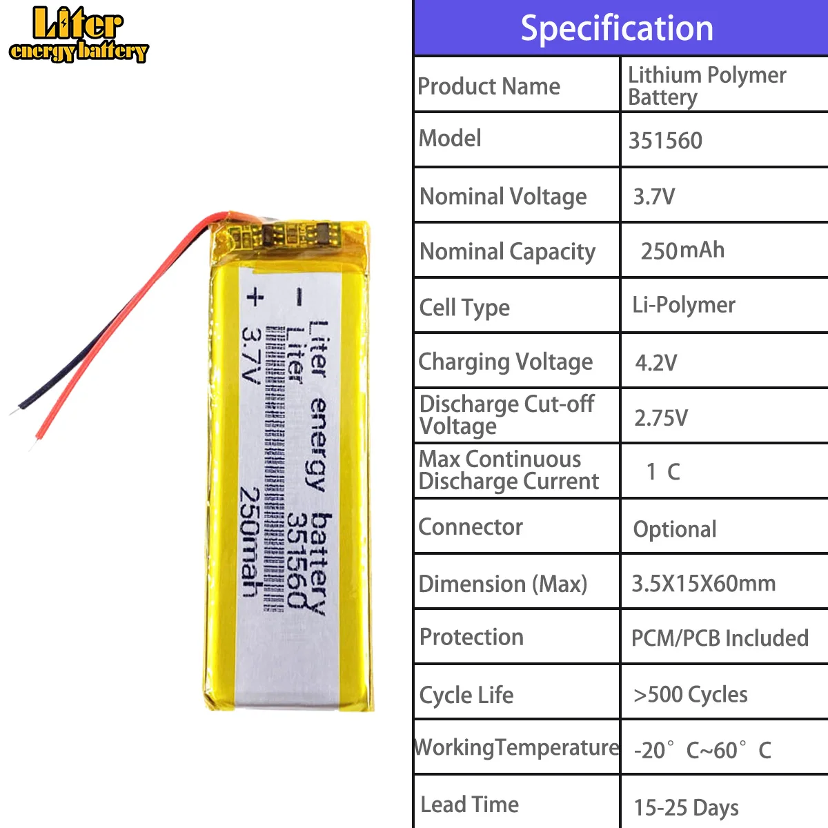 351560 250mah 352525 210mah 355060 1650mah 355065 1650mah 356090 3000mah 3.7V polymer lithium battery