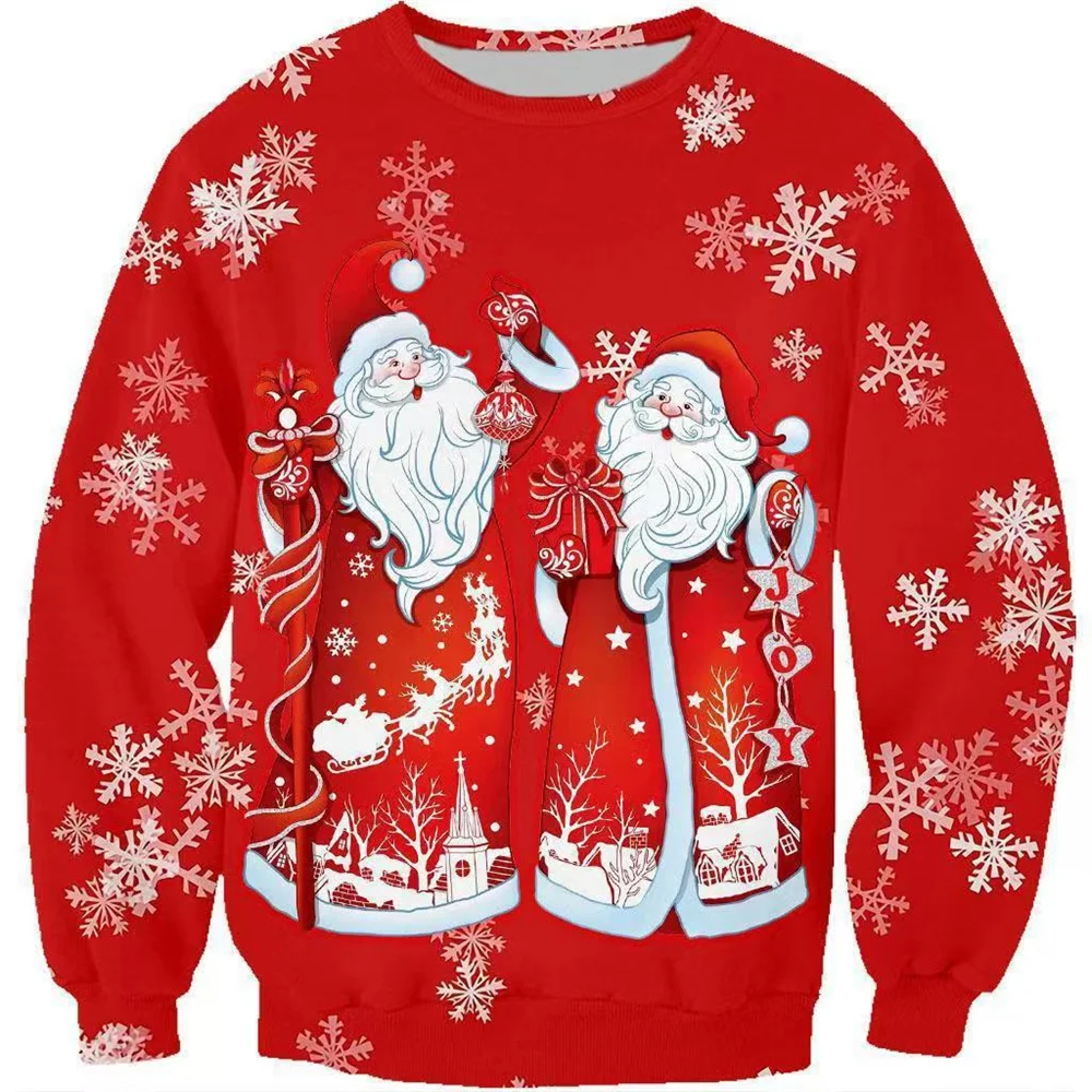 

New winter men's European and American hoodie 3D digital Christmas print Santa Claus loose couple crew-neck hoodie