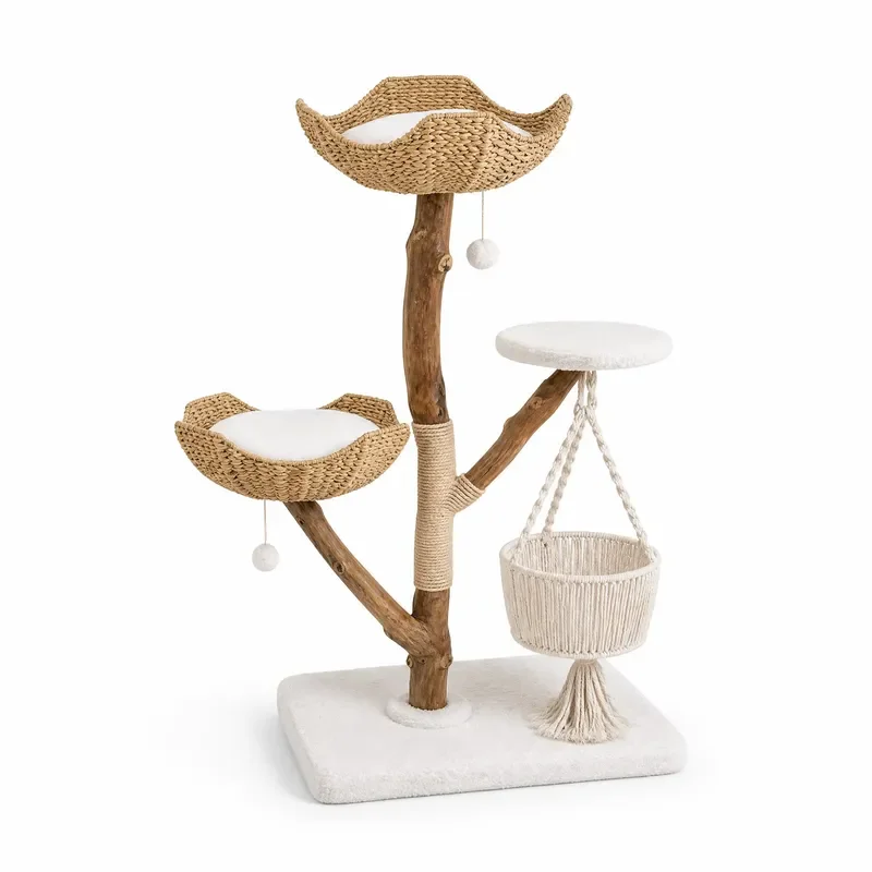 Solid Wood Cat Tree with Rattan Hanging Basket Natural Fruit Wood Sisal Scratching Post Simple Design Cat Bed for Small Pets