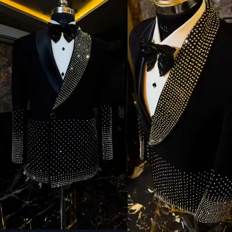 

Luxury Men Suits Shawl Lapel Double Breasted Male Prom Blazers Crystals Loose Fit 2 Pieces Customized Trajes Para Hombre
