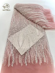 Peach Sequin Lace Fabric African Fabric Lace Wedding Dress 2024 Luxury Beaded Lace French Mesh Sequence for Party Dresses Sewing