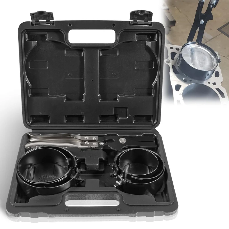 Piston Ring Compressor Tool Set 940387 Used for Car Engine, Vehicle Maintenance Clamps, Ratchet Pliers, Storage Case