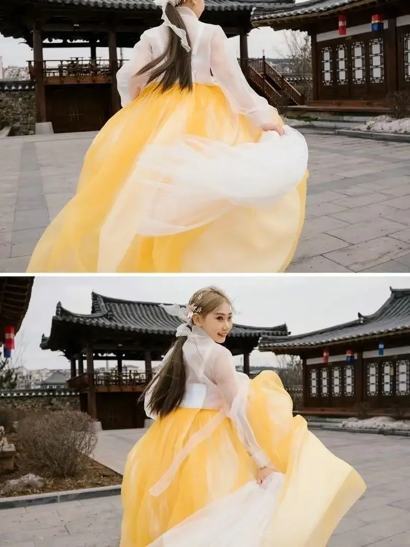 

Yellow Hanbok Women Summer New Gauze Dress Traditional Clothing Court Korean Wedding Dress Asia Pacific Islands Clothing 한복.