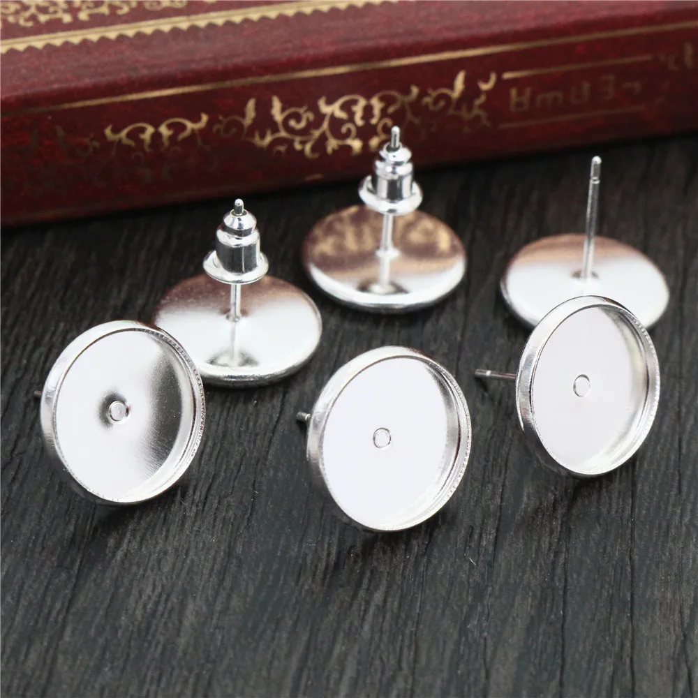 12mm 10mm 8mm 50pcs/Lot Brass Copper Material Earring Studs(with Ear plug) Earrings Base,Fit 8-12mm Glass Cabochons
