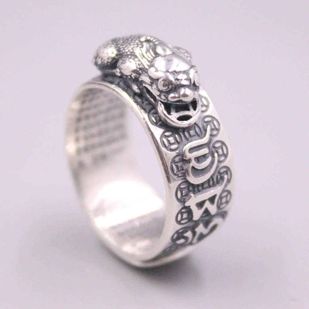 Solid S990 Fine Silver Women Men Ring Lucky Six-word Motto Coin Pixiu Heart Sutra Carved Band Ring