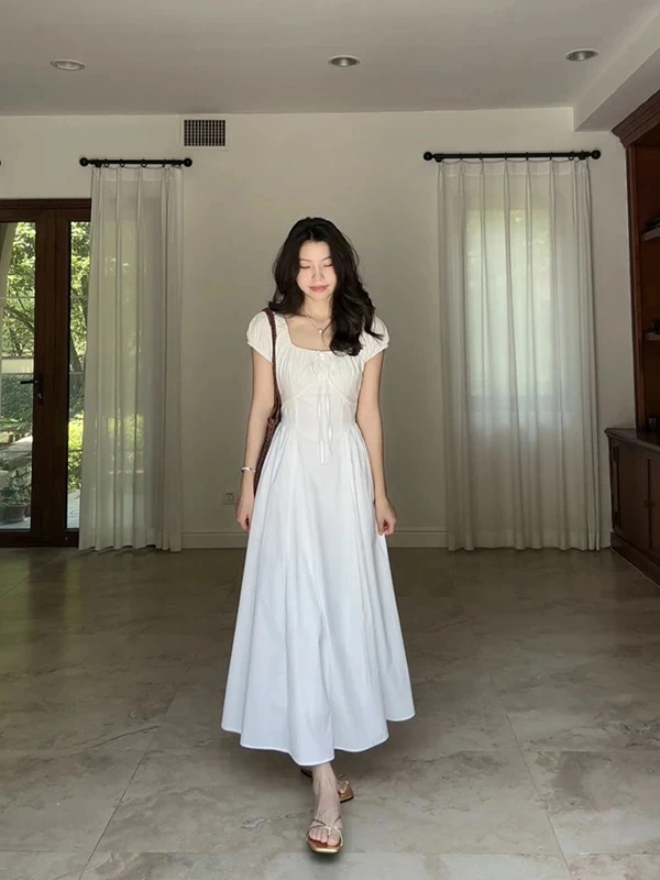 

Ele White Summer Dr Женское корейское пляжное платье с застежкой талии Beach Vaion Long Dr Retro Sle ort Sve Maxi Dr