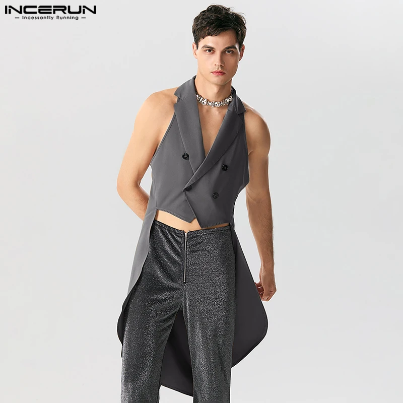 INCERUN 2023 Men Vests Solid Color Lapel Sleeve Double Breasted Irregular Blazer Vests Streetwear Fashion Casual Male Waistcoats