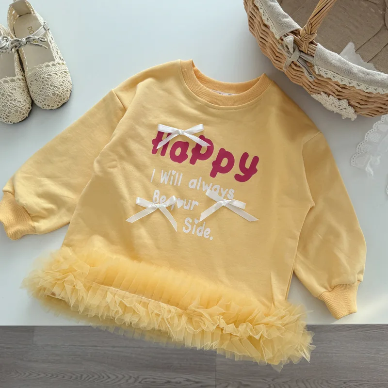

2025 Spring New Children Long Sleeve Sweatshirt Letter Print Girls Splicing Mesh Sweatshirt Dress Kids Casual Pullover Clothes