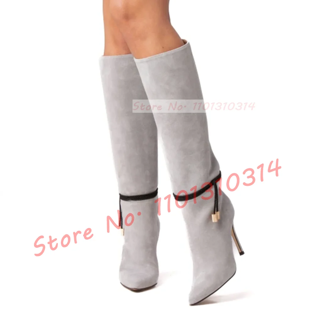 Elegant Grey Suede Knee High Boots Women Fashion Comfortable Stiletto Heel Shoes Ladies Streetwear Ankle Cross String Boots