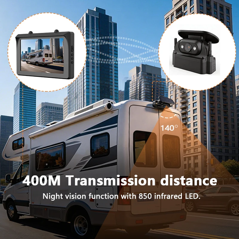 5-inch Wireless Car Reversing Aid HD720P Solar Powered IP68 Waterproof Night Vision Rear View Camera System for Trucks/Trailers