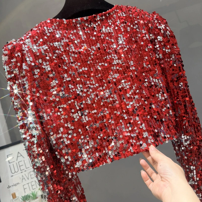 Damen-Pailletten-Cardigan, kurz, langärmelig, glitzerndes Oberteil, funkelndes Bühnenkostüm, Party- und Clubkleidung, Tanzkostüm, Oberbekleidung, T-Shirt. – Detail 11