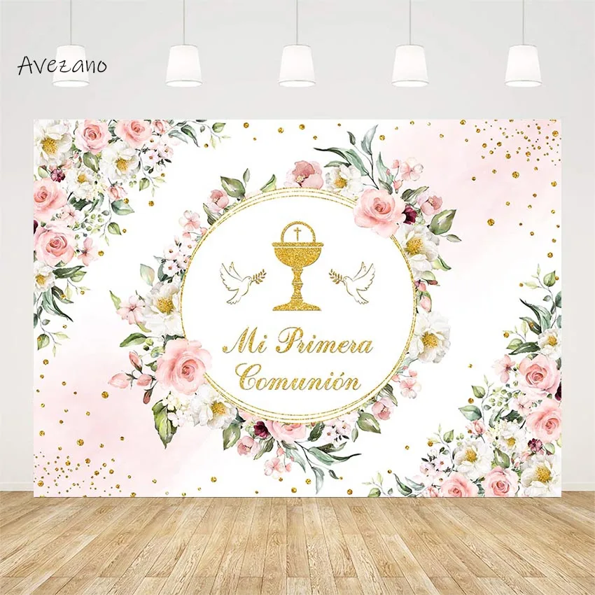 

Avezano Photography Background Girl First Holy Communion Pink Flowers Gold Dove of Peace Grail Party Decor Backdrop Photo Studio