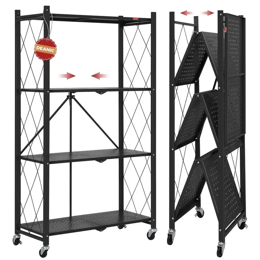 

4 Tier Foldable Storage Shelves with Wheels, Large Capacity Shelving Unit, Freestanding Metal Wire Shelf Rack, No Assembly Organ