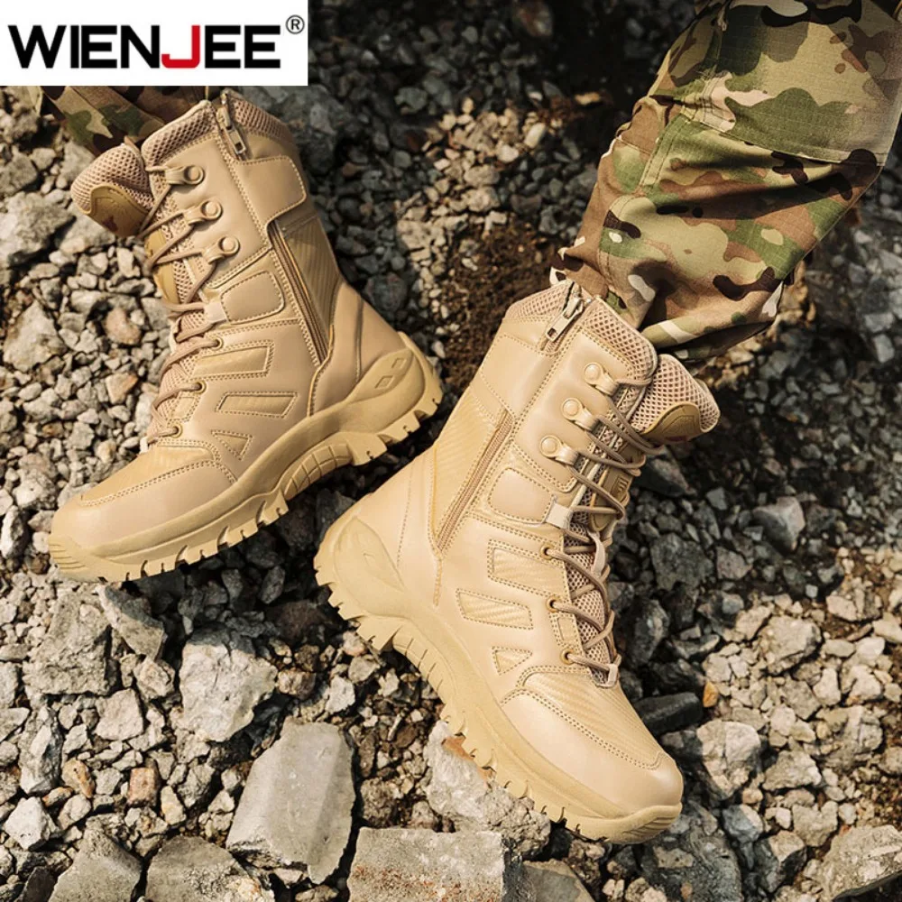 عالية الجودة الرجال العلامة التجارية عالية الجودة الأحذية الجلدية تنفس الصحراء القتالية أحذية رجالية في الهواء الطلق أحذية عدم الانزلاق المشي لمسافات طويلة حذاء من الجلد