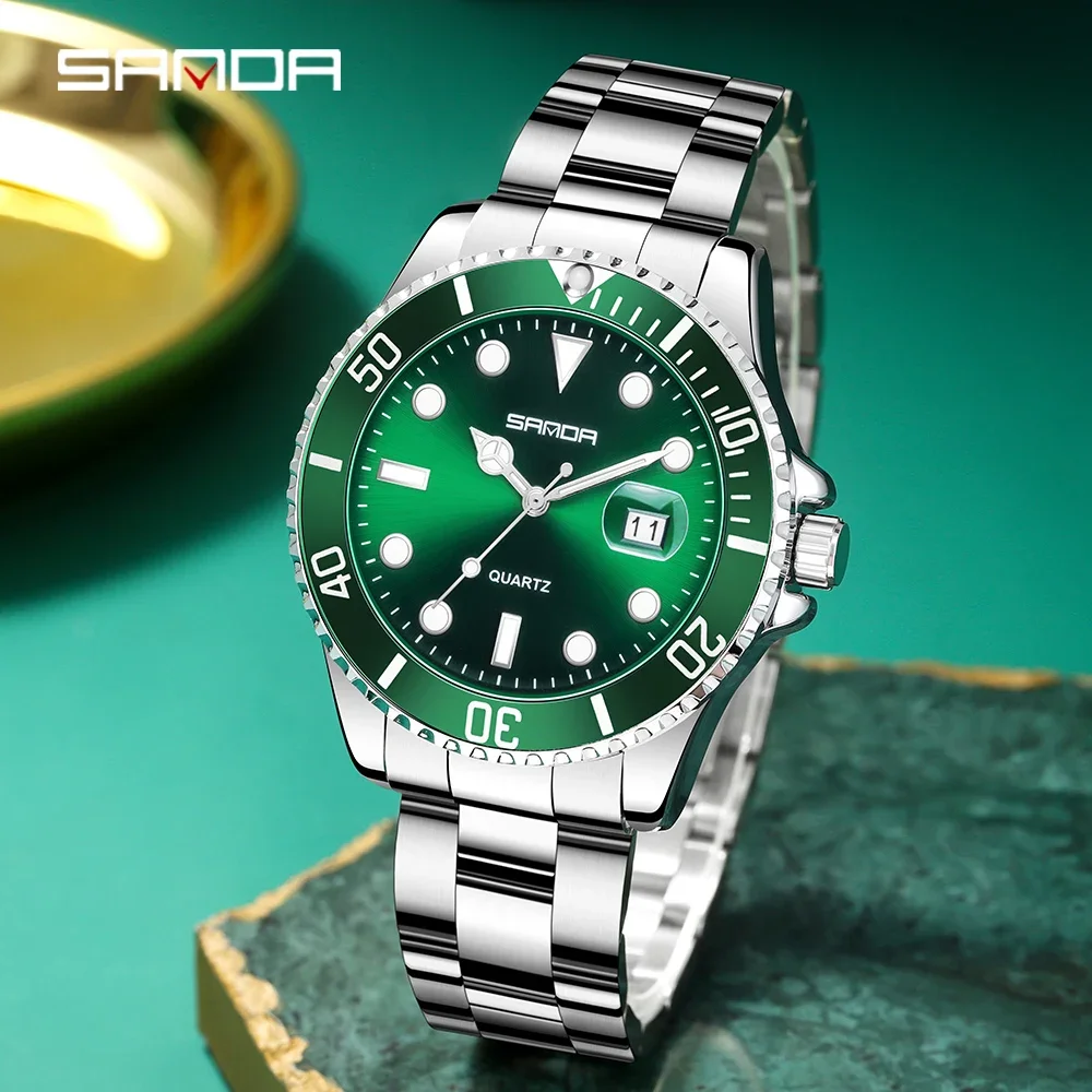 SANDA SD1099 Reloj de cuarzo de lujo a la moda para hombre, reloj de cuarzo fantasma de agua verde, calendario de luz nocturna, reloj de cuarzo resistente al agua