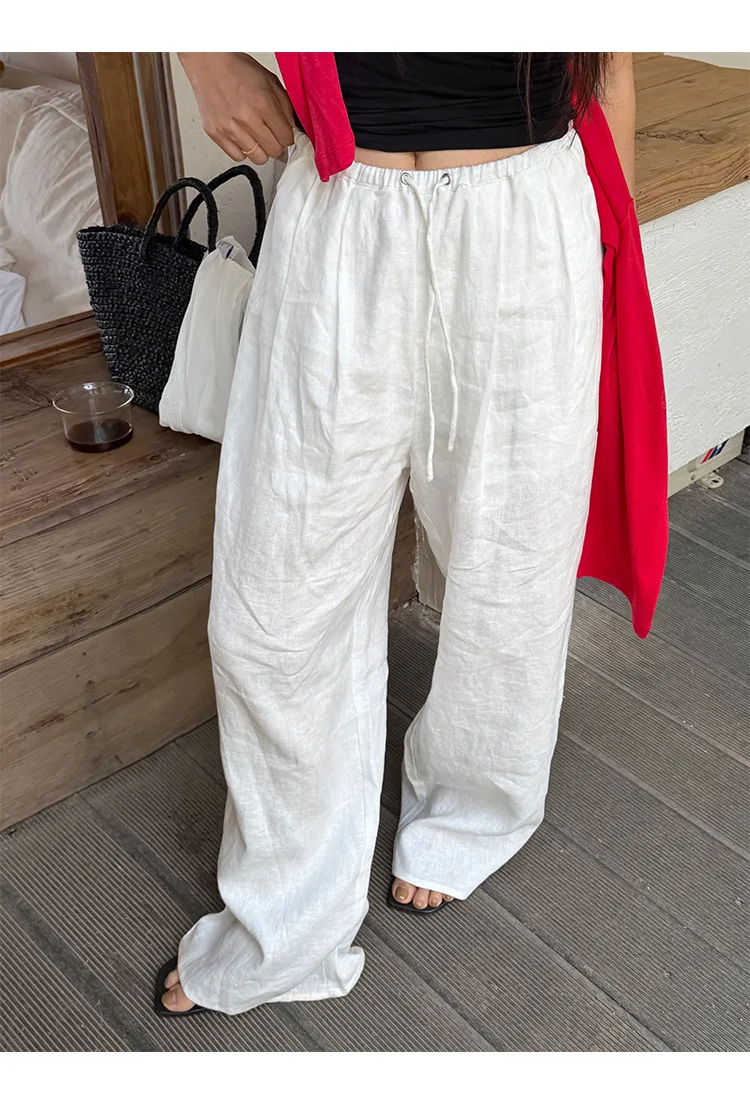 Summer women's solid color drawstring elastic waist wide leg pants lazy casual pants