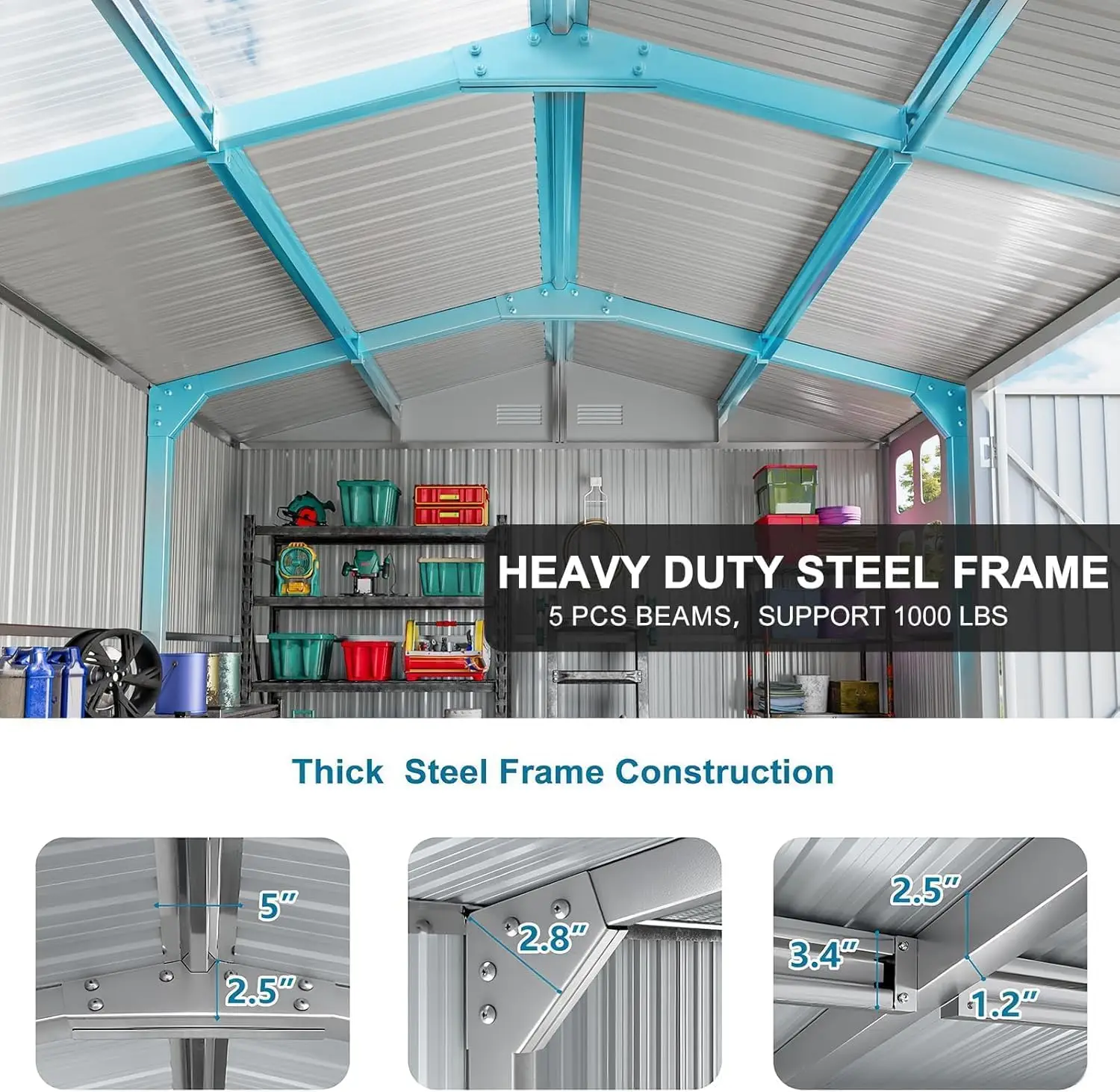 12x10 FT Metal Storage Shed with Base Sunroof Window Lockable Door Vent Heavy Duty Frame Outdoor Waterproof Garden Tool Shed view 4