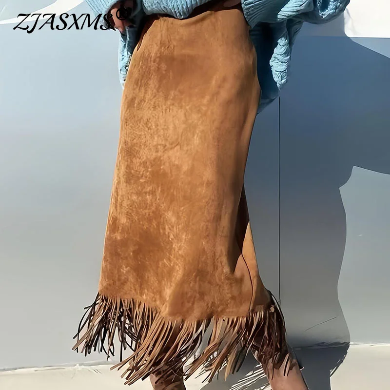 2026 Spring Elegant Slim H-shaped Long Skirt for Woman Vintage Solid Suede Tassel Skirt Autumn Casual High Waist Female Clothing