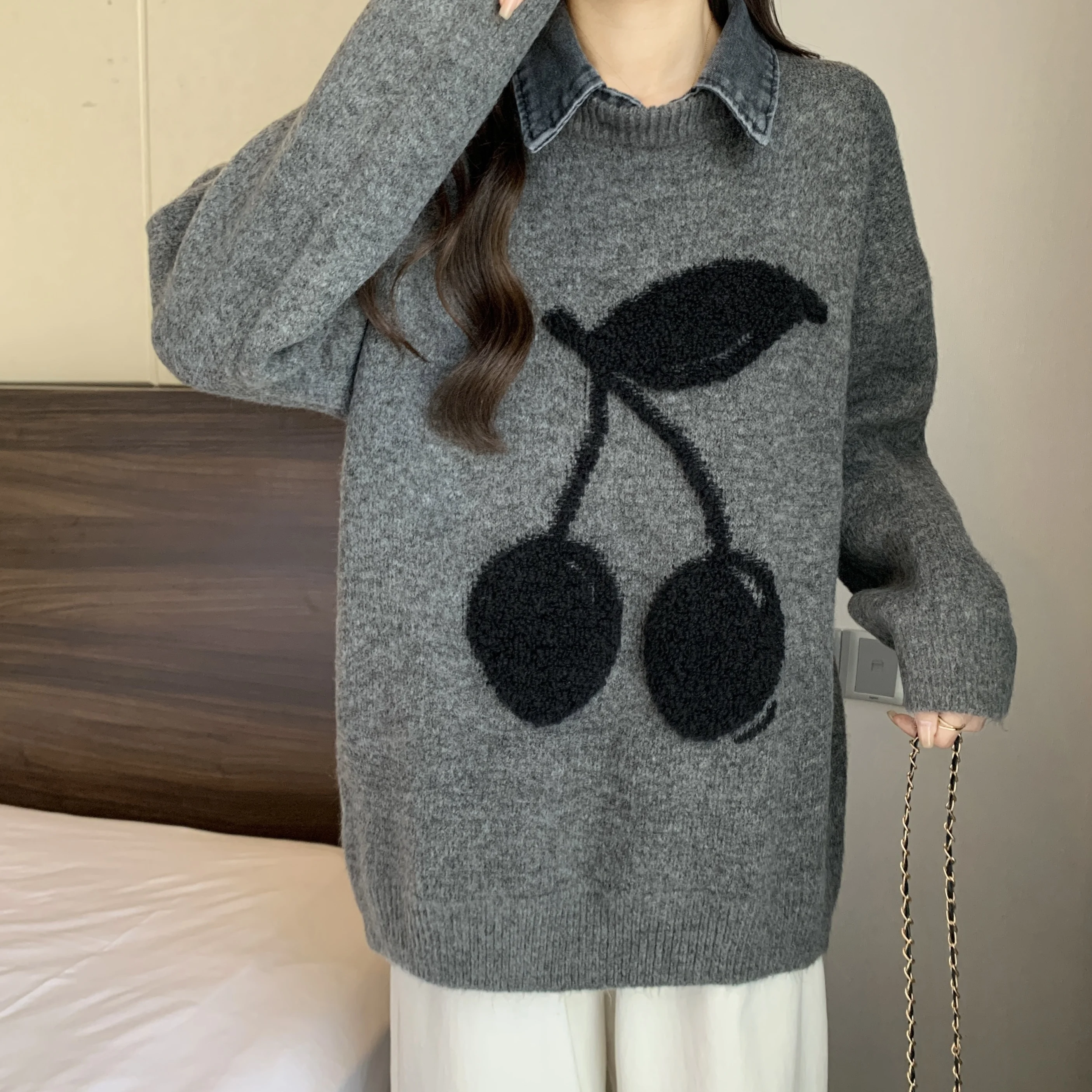 

Oversize Cherry Embroidery Fake Two-piece Sweater Women's Autumn Winter Lazy style Loose Fashion Pullovers Knit Top X643