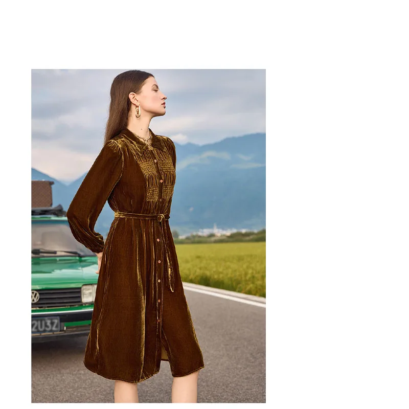 Silk Velvet Spring Autumn Women's Dress Black Chinese Cardigan Single-breasted Skirt Soft Vertical High-end Women