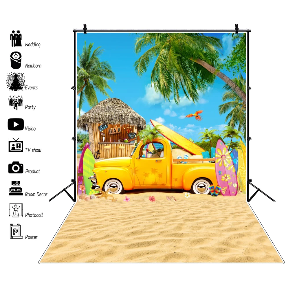 خلفية سماء زرقاء للشاطئ الصيفي ، لوح تزلج على شجرة النخيل الاستوائية ، خلفية تصوير لحفلات العطلات في Hawaii Luau Aloha Flamingo