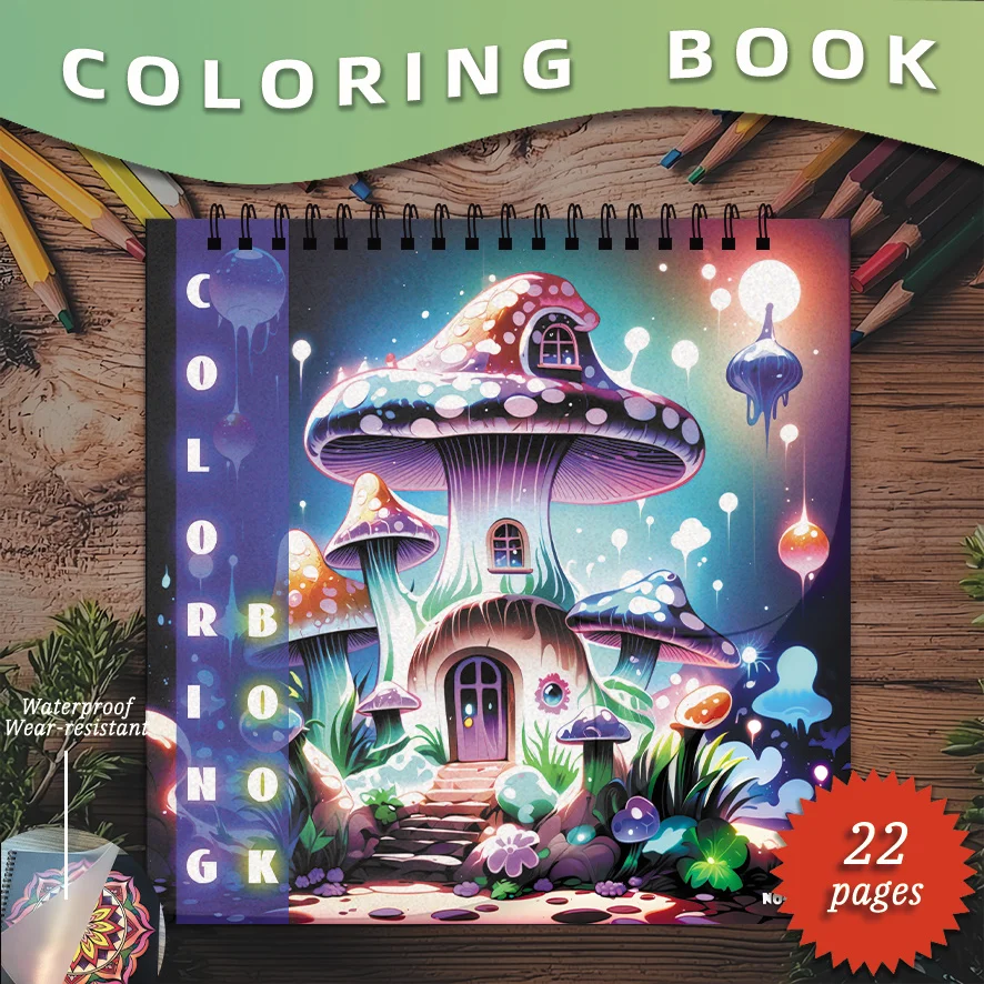 Magical Mushroom House Coloring Book 8.27x8.27 Inches 22 Pages Fantasy Theme Stress Relief Relaxation Gift for Family And Friend