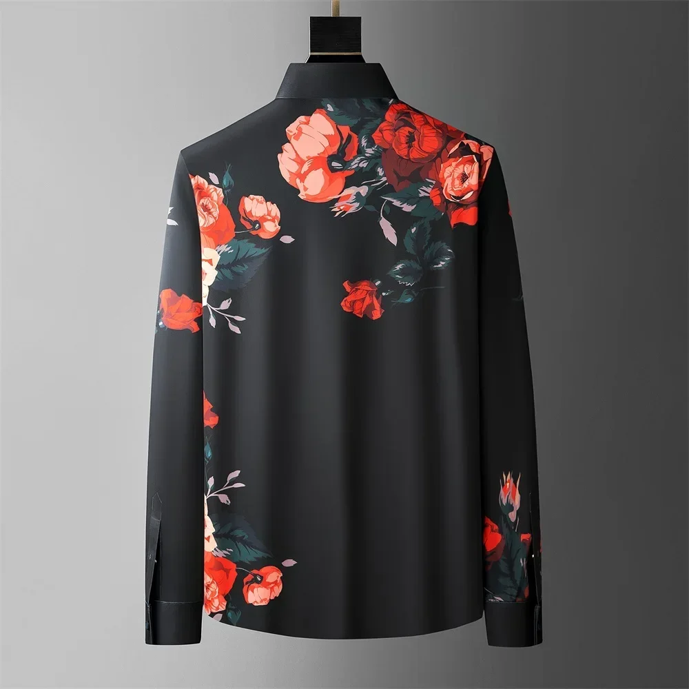 

2024 Spring Flower Shirts Men Long Sleeve Casual Shirts Seamless Elastic Business Formal Dress Shirts Social Party Tuxedo Blouse