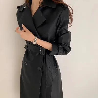 Chic Long Leather Coat Women's Early Autumn Double Button Waist Cinch Belted Lapel Knee-Length Overcoat Korean Style PU Leather