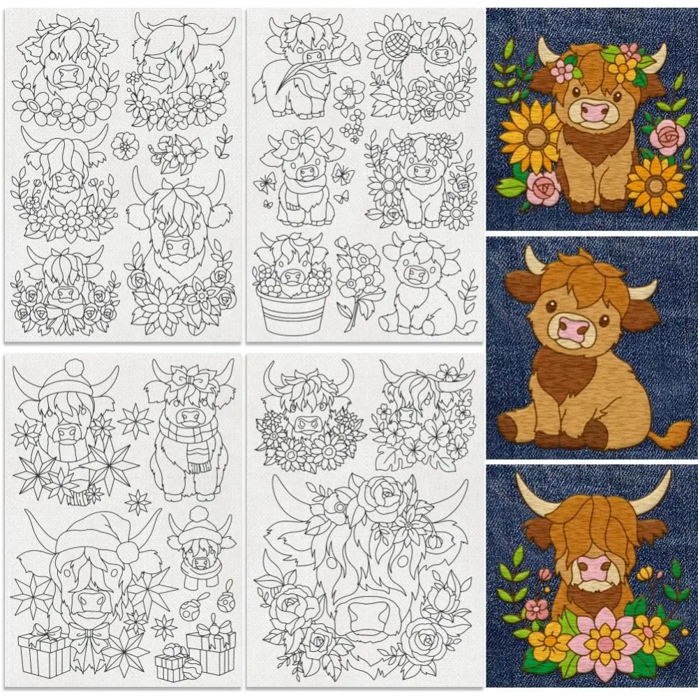 21Pcs Highland Cow Flower Water Soluble Hand Sewing Stabilizers 8.3