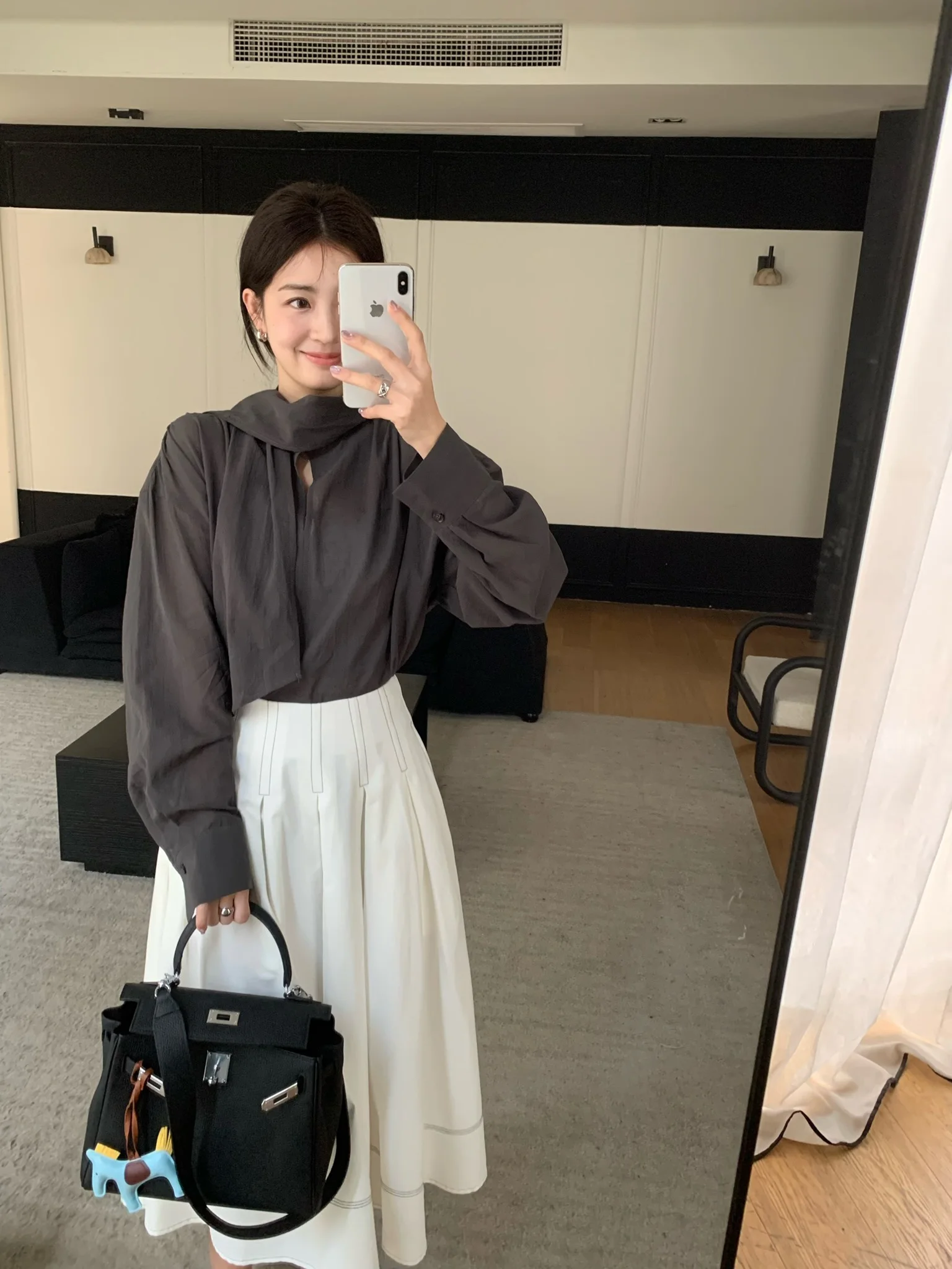 

Lilian Transparent Fuzzy Filter Shirt with Sash Elegant Personality Long Sleeve Loose Fit Commute Style Pure Color round Neck