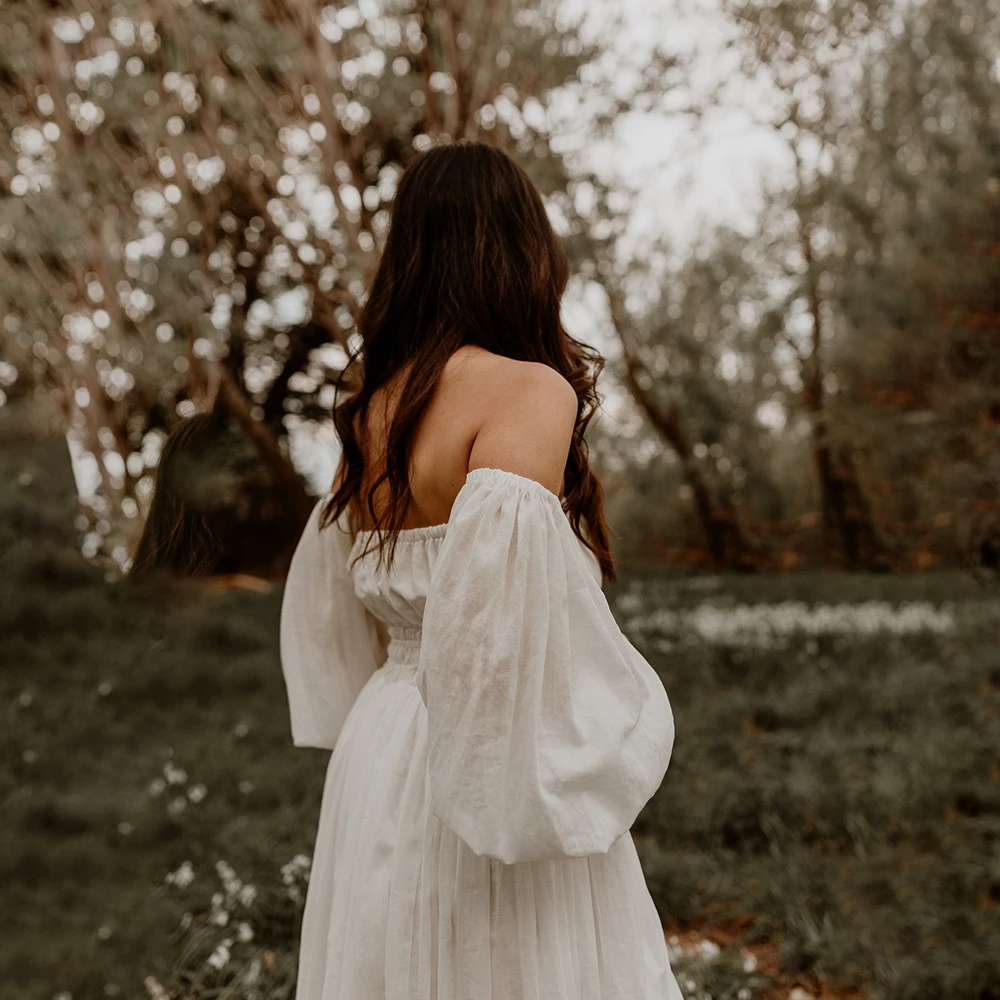 Boho Chiffon Maternity Photography Dresses Off Shoulder Pregnancy Dress White Puff Sleeve Photo Shoot Outfits Beach Gown - view 5